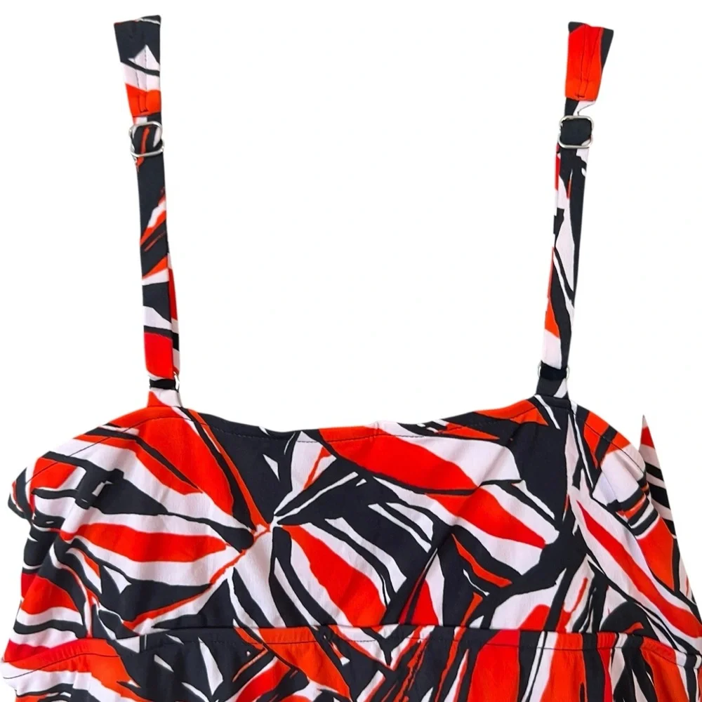 Tropical Escape Womens Plus Triple Tiered Orange Miami Palm Swimsuit